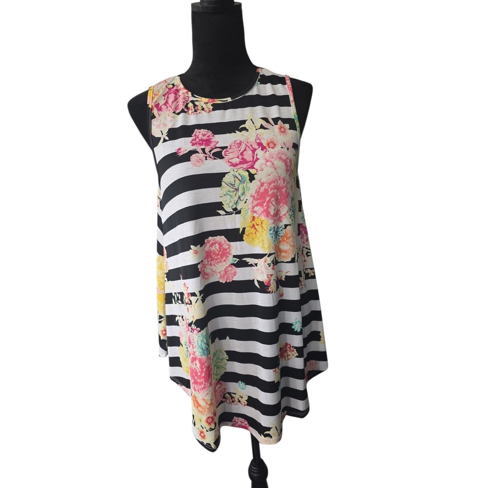 Bellamie Womens Floral Striped Sleeveless Tunic Top Black White Pink Yellow L